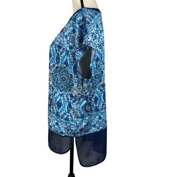 Roz & Ali X-Large Top Geometric Stretch Hi-Low Hem V-Neck Dolman Cap Sleeve Blue - Picture 6 of 9